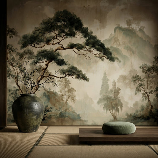 Vintage Pine Tree Landscape Wall Mural – detail view, Golden Era Walls