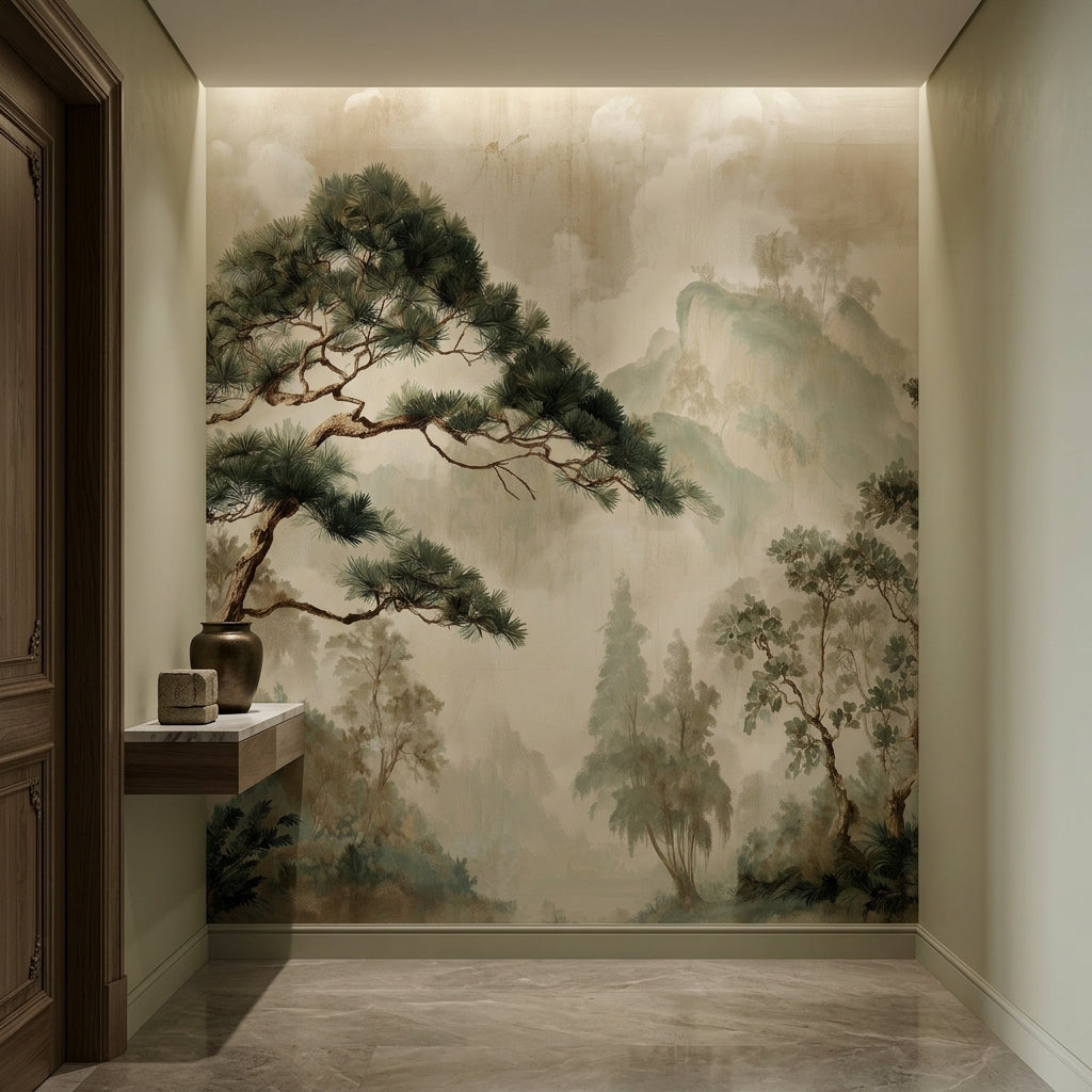 Vintage Pine Tree Landscape Wall Mural – scale reference, Golden Era Walls