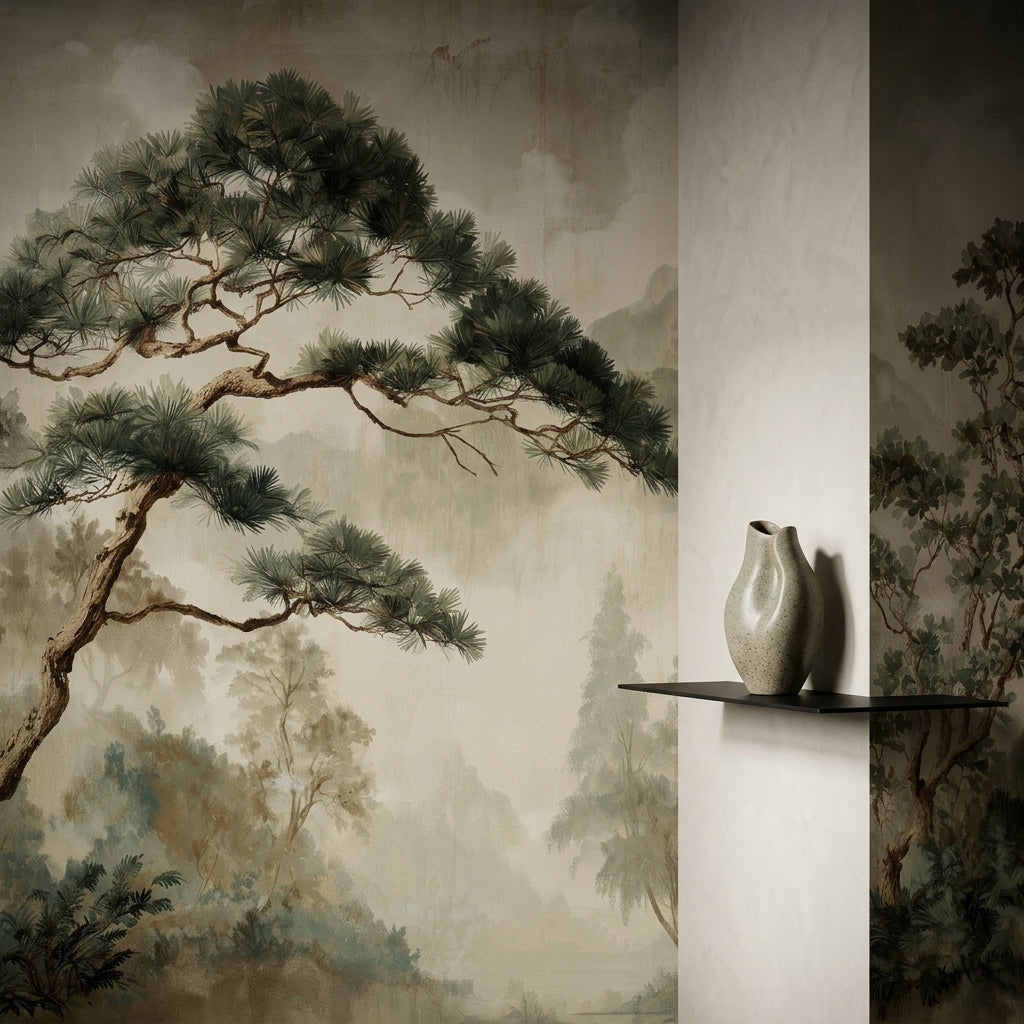 Vintage Pine Tree Landscape Wall Mural – alternate view, Golden Era Walls
