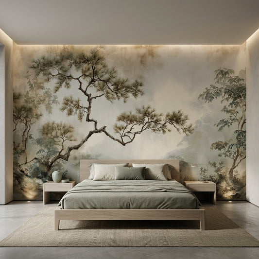 Muted Watercolor Pine Landscape Removable Wallpaper Neutral Chinoiserie – peel and stick wallpaper mural, Golden Era Walls