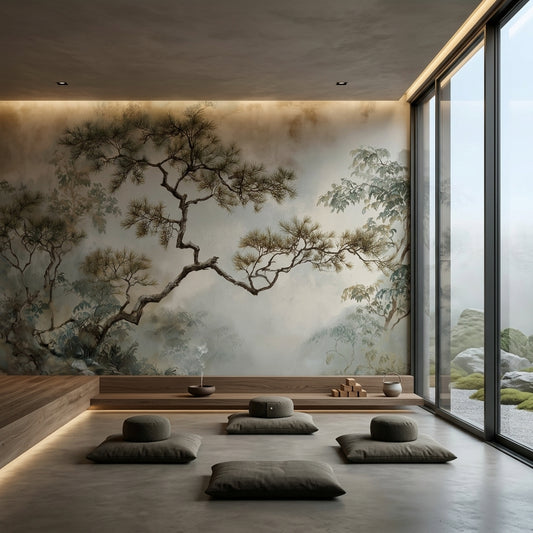Muted Watercolor Pine Landscape Removable Wallpaper Neutral Chinoiserie – room setting, Golden Era Walls