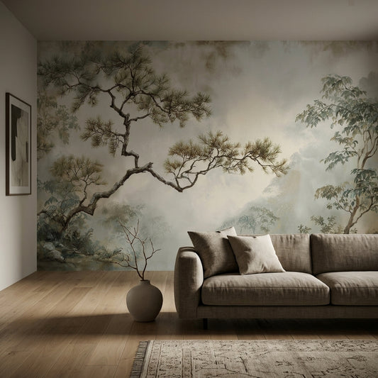 Muted Watercolor Pine Landscape Removable Wallpaper Neutral Chinoiserie – lifestyle view, Golden Era Walls