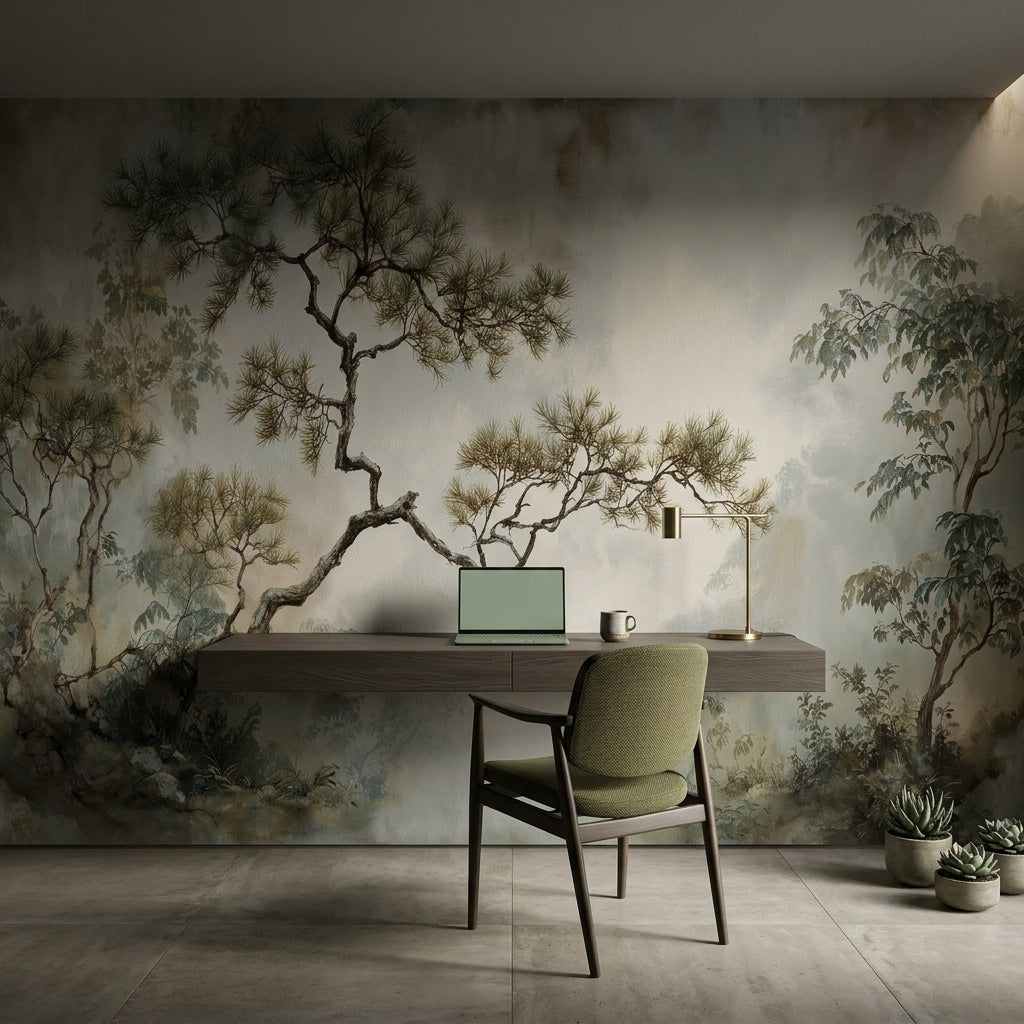 Muted Watercolor Pine Landscape Removable Wallpaper Neutral Chinoiserie – detail view, Golden Era Walls