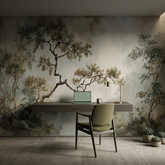 Muted Watercolor Pine Landscape Removable Wallpaper Neutral Chinoiserie – detail view, Golden Era Walls