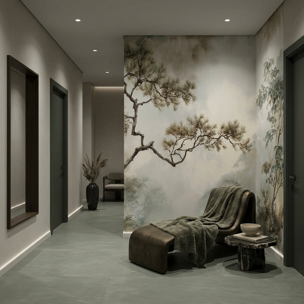 Muted Watercolor Pine Landscape Removable Wallpaper Neutral Chinoiserie – scale reference, Golden Era Walls