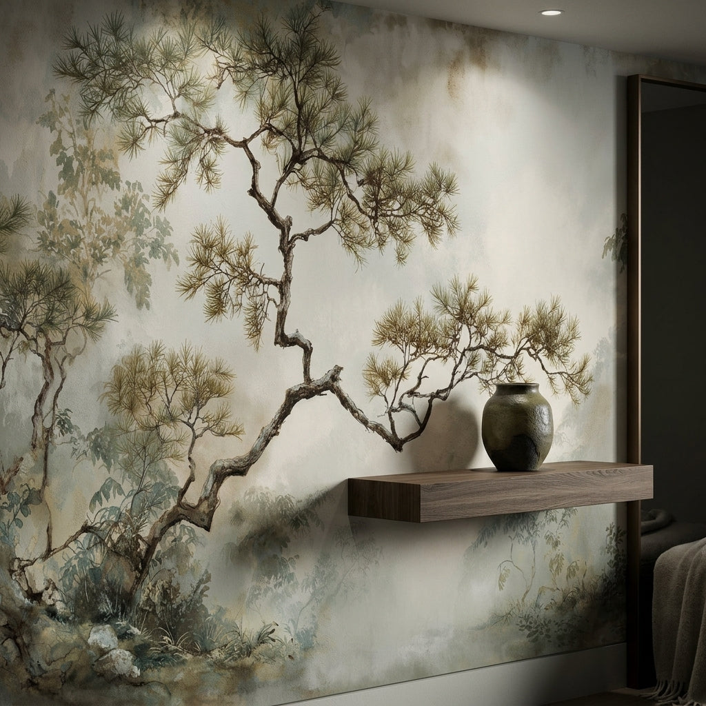 Muted Watercolor Pine Landscape Removable Wallpaper Neutral Chinoiserie – alternate view, Golden Era Walls