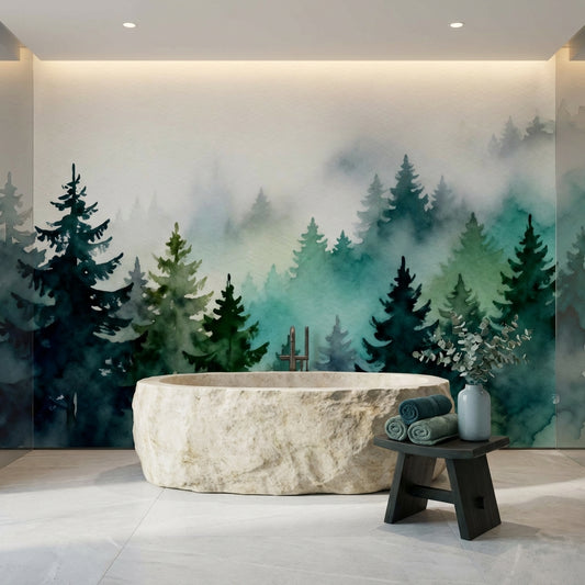 Ethereal Misty Pine Forest Watercolor Mural Biophilic Sanctuary – room setting, Golden Era Walls