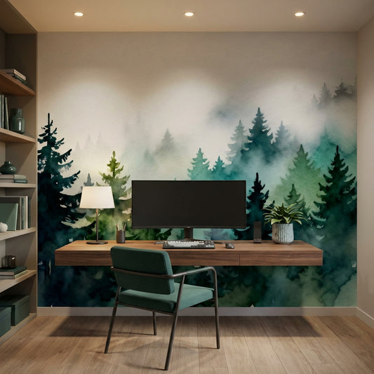 Ethereal Misty Pine Forest Watercolor Mural Biophilic Sanctuary – lifestyle view, Golden Era Walls