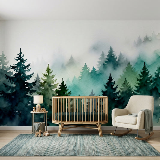 Ethereal Misty Pine Forest Watercolor Mural Biophilic Sanctuary – detail view, Golden Era Walls