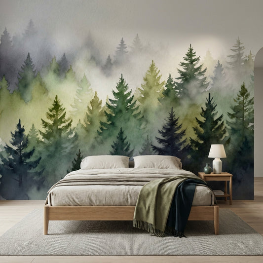 Ethereal Watercolor Misty Forest Mural Sage Green Navy Pine Trees – peel and stick wallpaper mural, Golden Era Walls