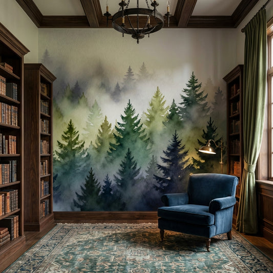 Ethereal Watercolor Misty Forest Mural Sage Green Navy Pine Trees – room setting, Golden Era Walls
