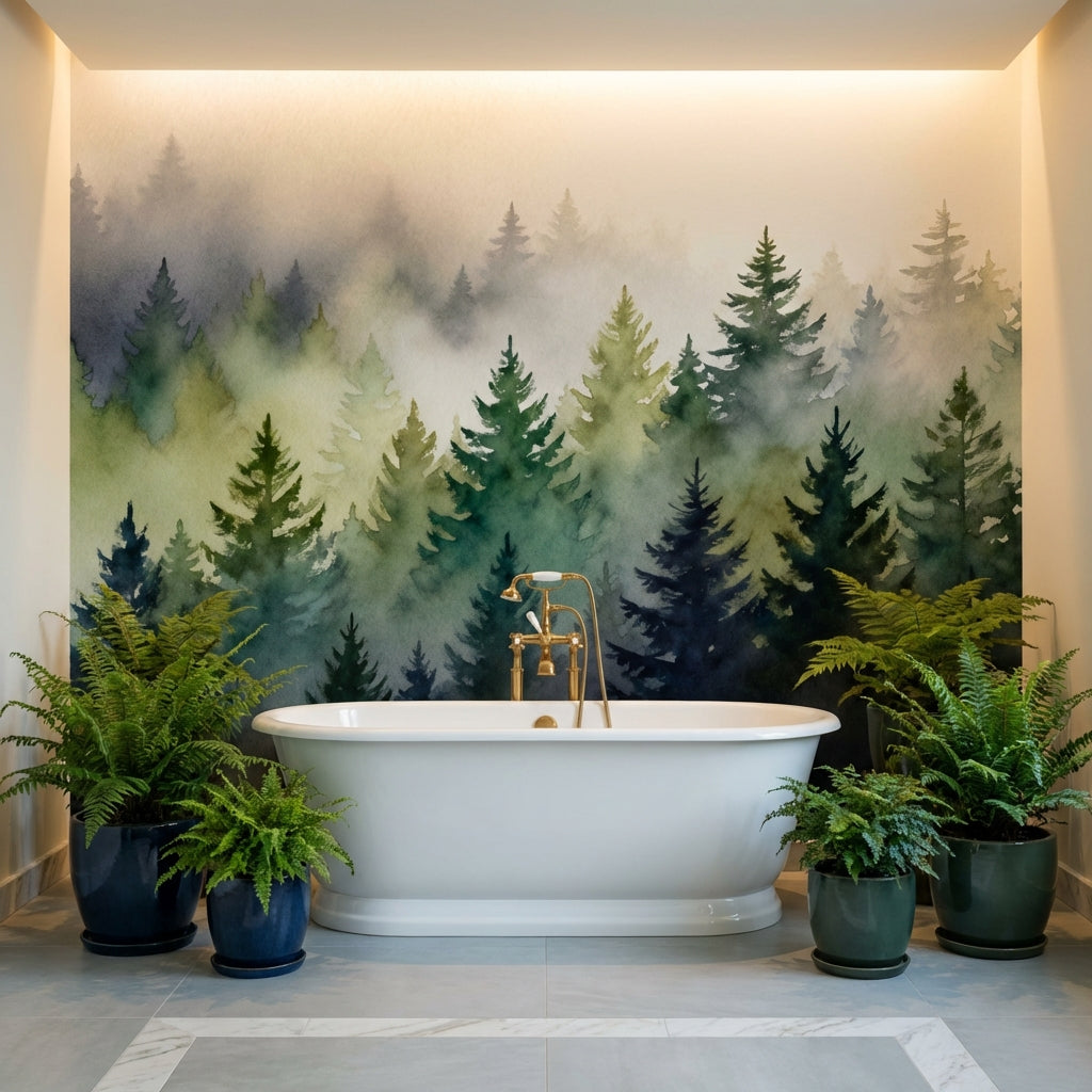 Ethereal Watercolor Misty Forest Mural Sage Green Navy Pine Trees – lifestyle view, Golden Era Walls