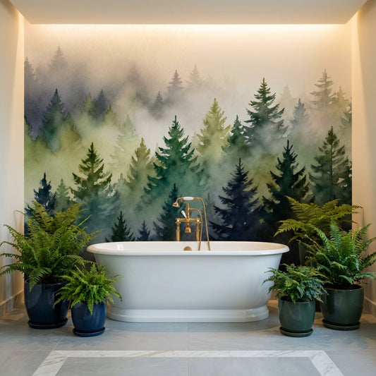 Ethereal Watercolor Misty Forest Mural Sage Green Navy Pine Trees – lifestyle view, Golden Era Walls