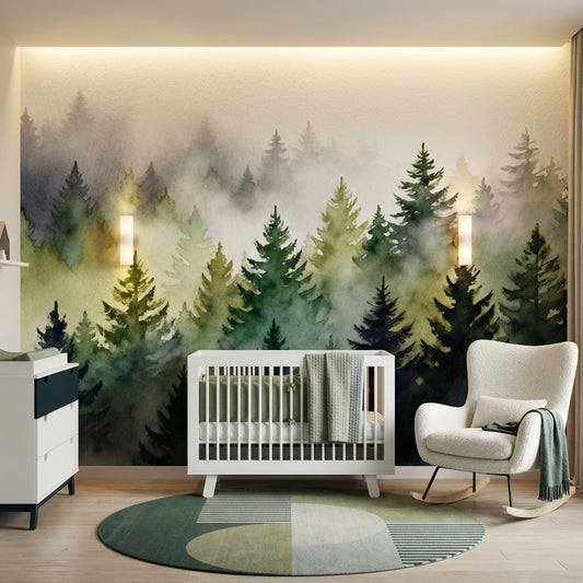 Ethereal Watercolor Misty Forest Mural Sage Green Navy Pine Trees – detail view, Golden Era Walls