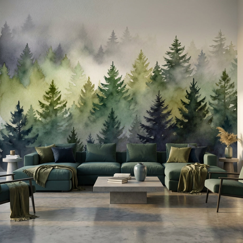 Ethereal Watercolor Misty Forest Mural Sage Green Navy Pine Trees – scale reference, Golden Era Walls