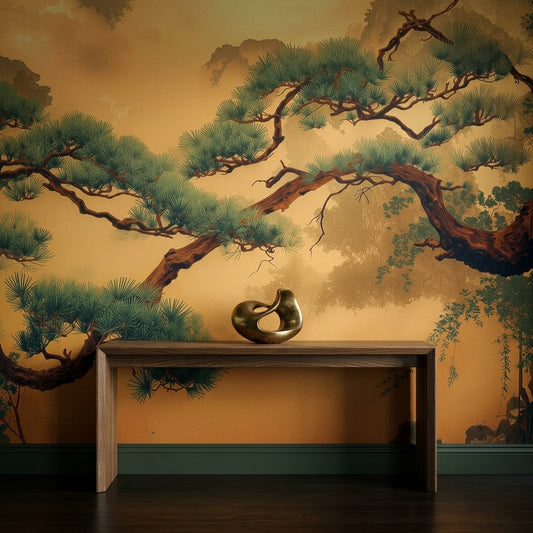 Neo Japandi Golden Pine Tree Mural Atmospheric Misty Asian Landscape – peel and stick wallpaper mural, Golden Era Walls