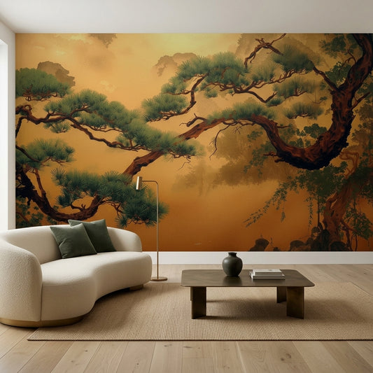 Neo Japandi Golden Pine Tree Mural Atmospheric Misty Asian Landscape – room setting, Golden Era Walls