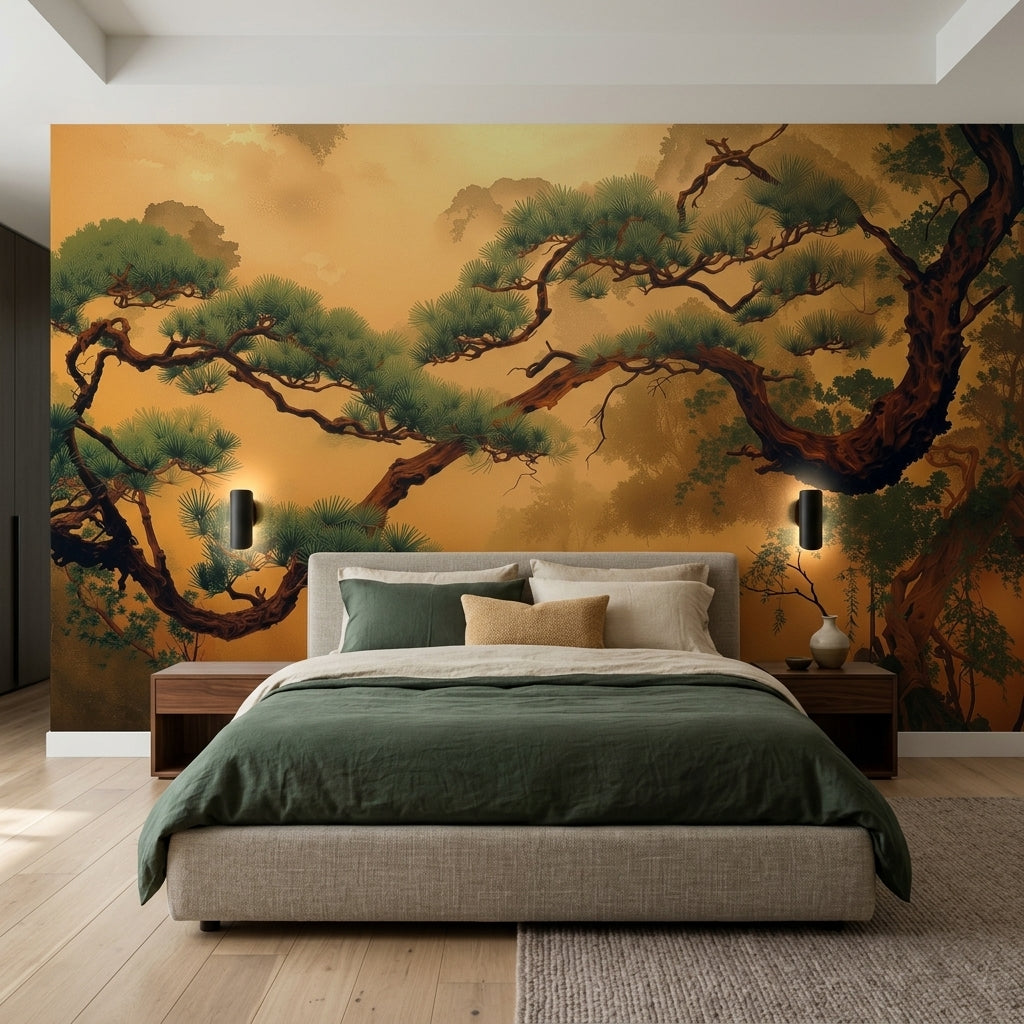 Neo Japandi Golden Pine Tree Mural Atmospheric Misty Asian Landscape – lifestyle view, Golden Era Walls