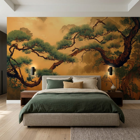 Neo Japandi Golden Pine Tree Mural Atmospheric Misty Asian Landscape – lifestyle view, Golden Era Walls