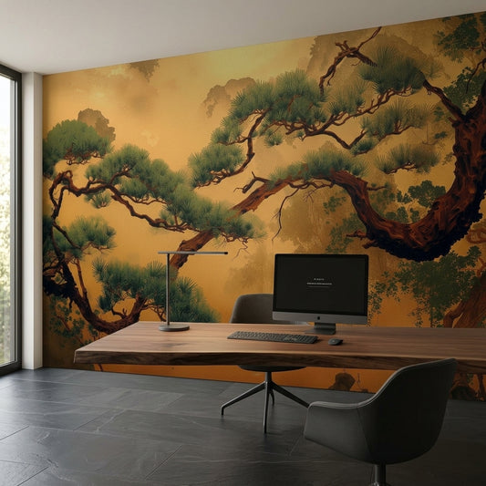 Neo Japandi Golden Pine Tree Mural Atmospheric Misty Asian Landscape – detail view, Golden Era Walls