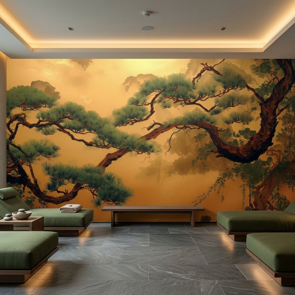 Neo Japandi Golden Pine Tree Mural Atmospheric Misty Asian Landscape – scale reference, Golden Era Walls
