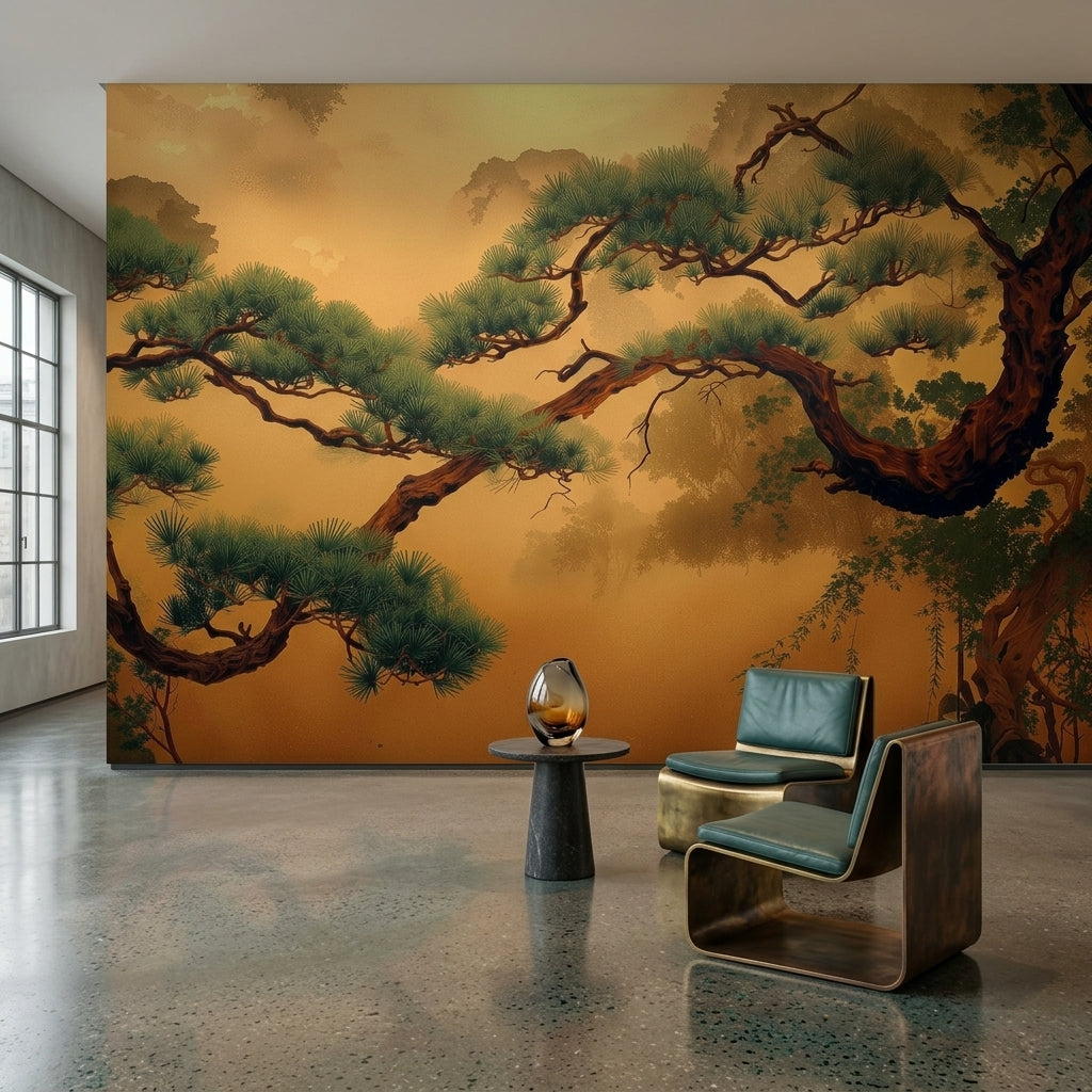 Neo Japandi Golden Pine Tree Mural Atmospheric Misty Asian Landscape – alternate view, Golden Era Walls