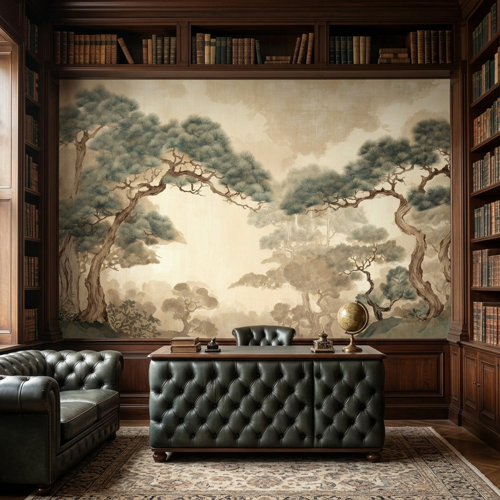 Vintage Japanese Pine Landscape Mural Neutral Chinoiserie Tree – room setting, Golden Era Walls