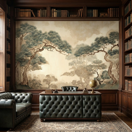 Vintage Japanese Pine Landscape Mural Neutral Chinoiserie Tree – room setting, Golden Era Walls