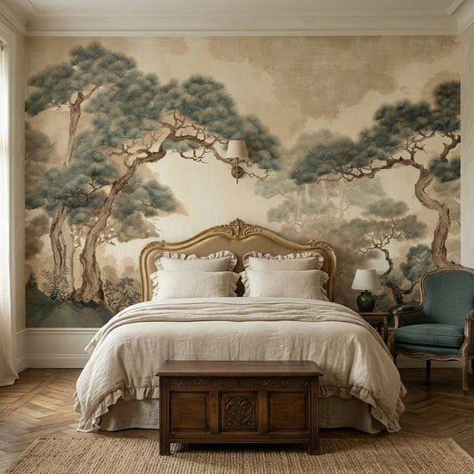 Vintage Japanese Pine Tree Removable Wallpaper Sepia Chinoiserie Landscape – room setting, Golden Era Walls