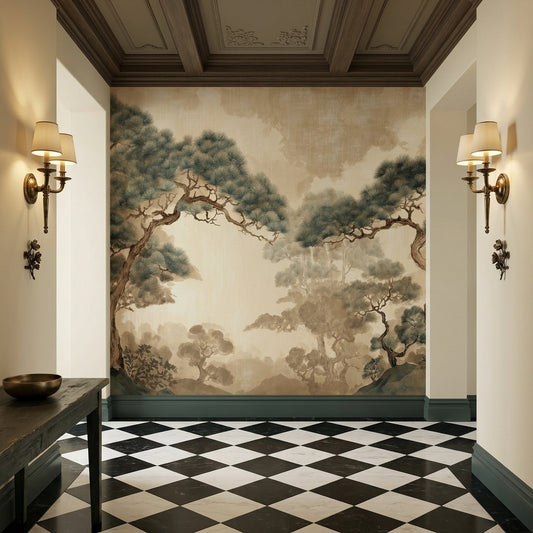 Vintage Japanese Pine Tree Removable Wallpaper Sepia Chinoiserie Landscape – lifestyle view, Golden Era Walls