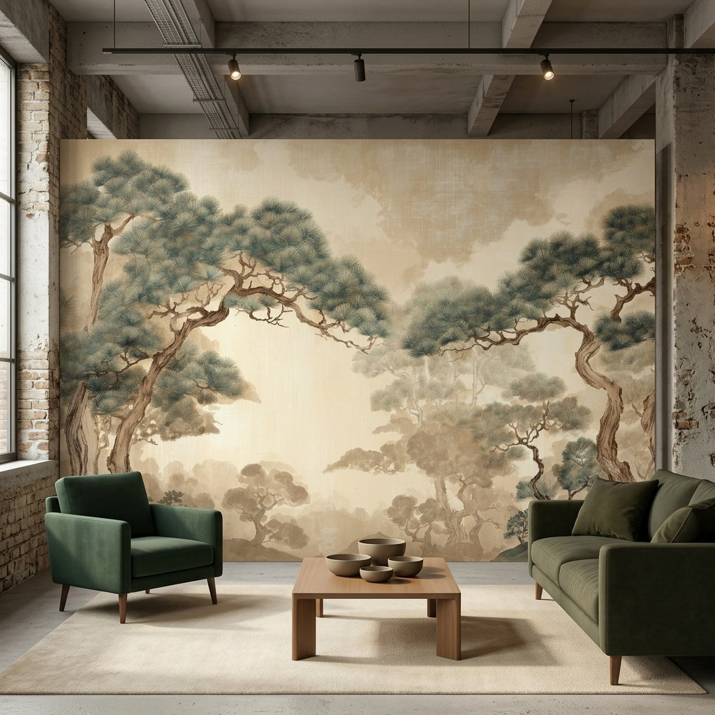Vintage Japanese Pine Tree Removable Wallpaper Sepia Chinoiserie Landscape – detail view, Golden Era Walls