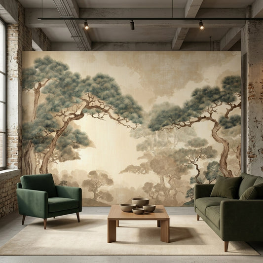 Vintage Japanese Pine Tree Removable Wallpaper Sepia Chinoiserie Landscape – detail view, Golden Era Walls