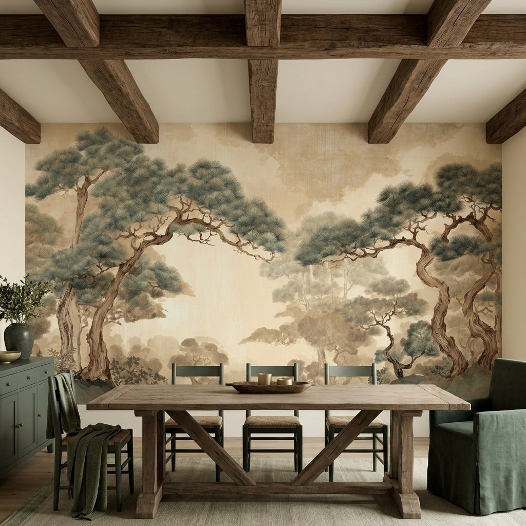 Vintage Japanese Pine Landscape Mural Neutral Chinoiserie Tree – alternate view, Golden Era Walls