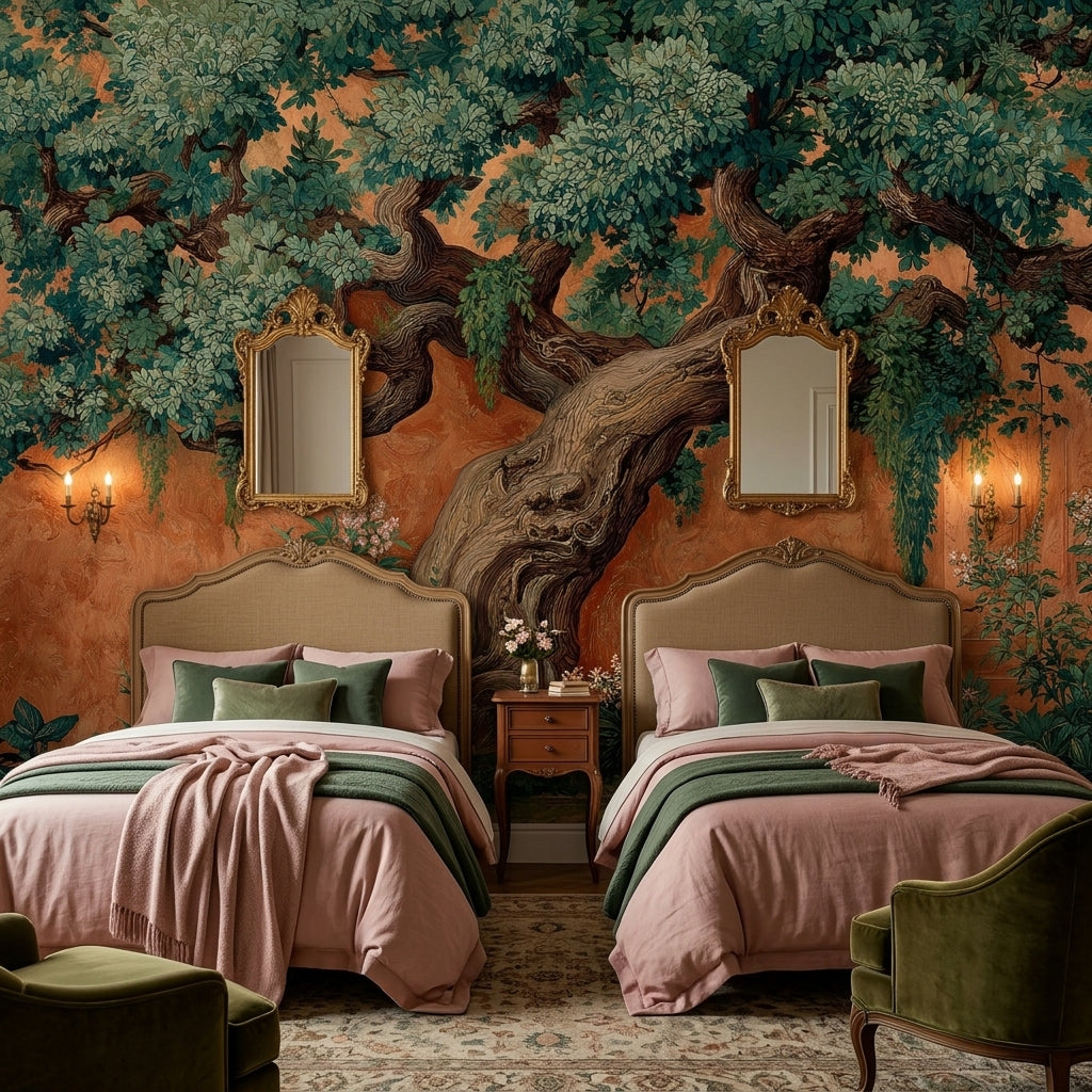 Vintage Terracotta Tree Wall Mural – room setting, Golden Era Walls