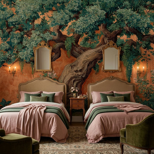 Vintage Terracotta Tree Wall Mural – room setting, Golden Era Walls