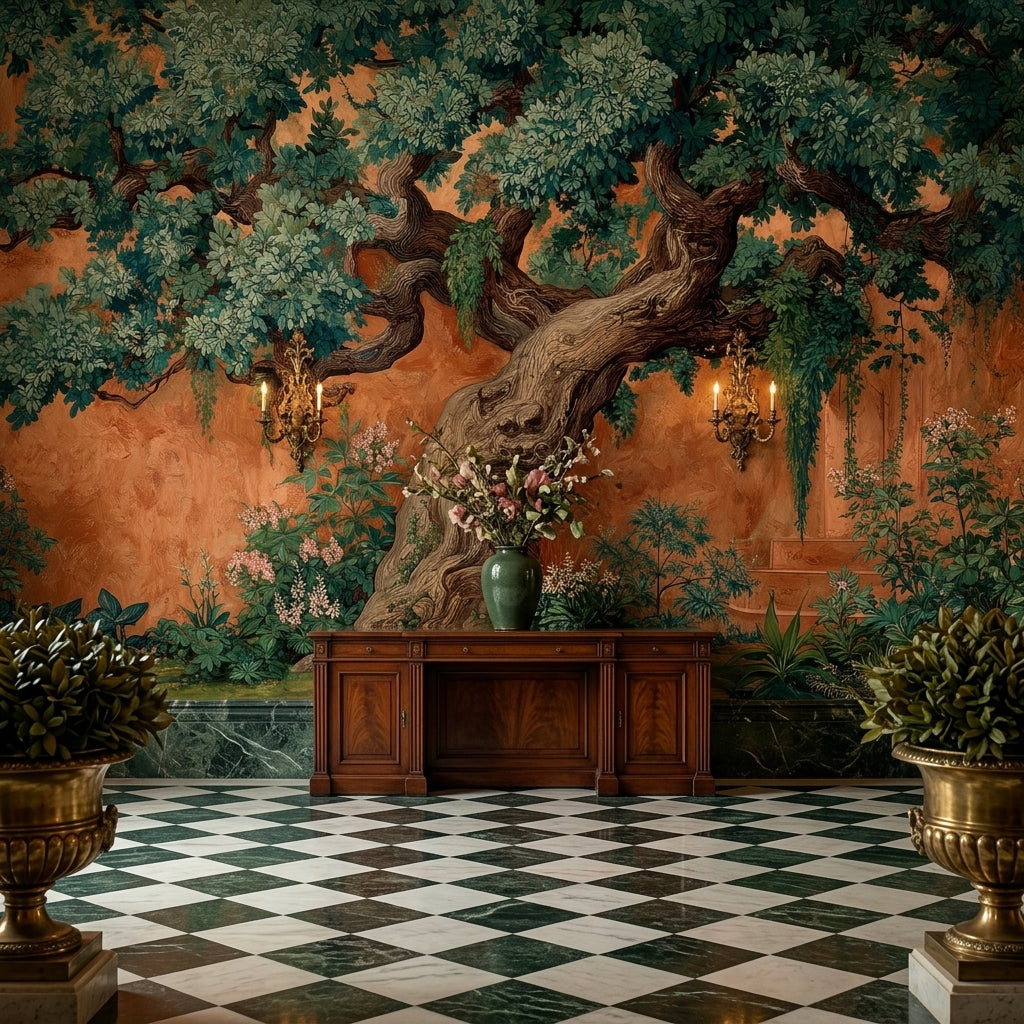Vintage Terracotta Tree Wall Mural – lifestyle view, Golden Era Walls