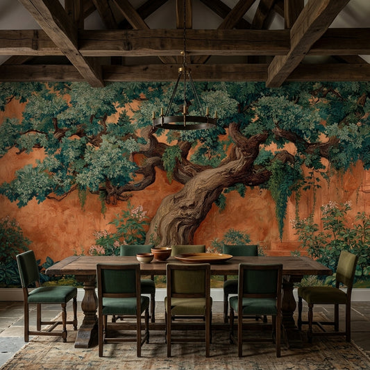 Vintage Terracotta Tree Wall Mural – detail view, Golden Era Walls