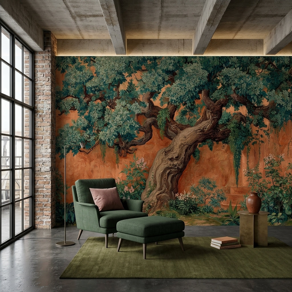 Vintage Terracotta Tree Wall Mural – scale reference, Golden Era Walls