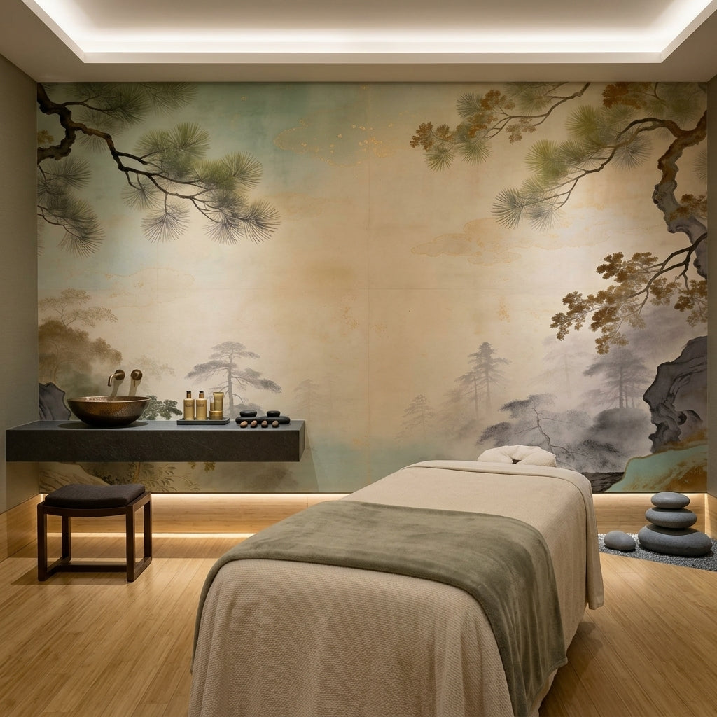 Misty Mountain Pine Tree Peel and Stick Wall Mural Zen Chinoiserie – room setting, Golden Era Walls