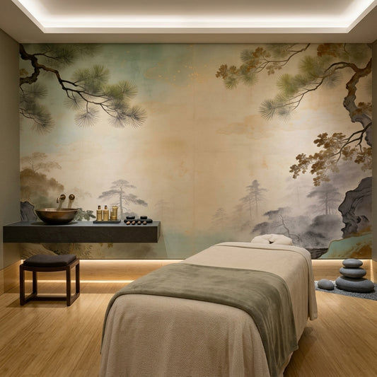Misty Mountain Pine Tree Peel and Stick Wall Mural Zen Chinoiserie – room setting, Golden Era Walls