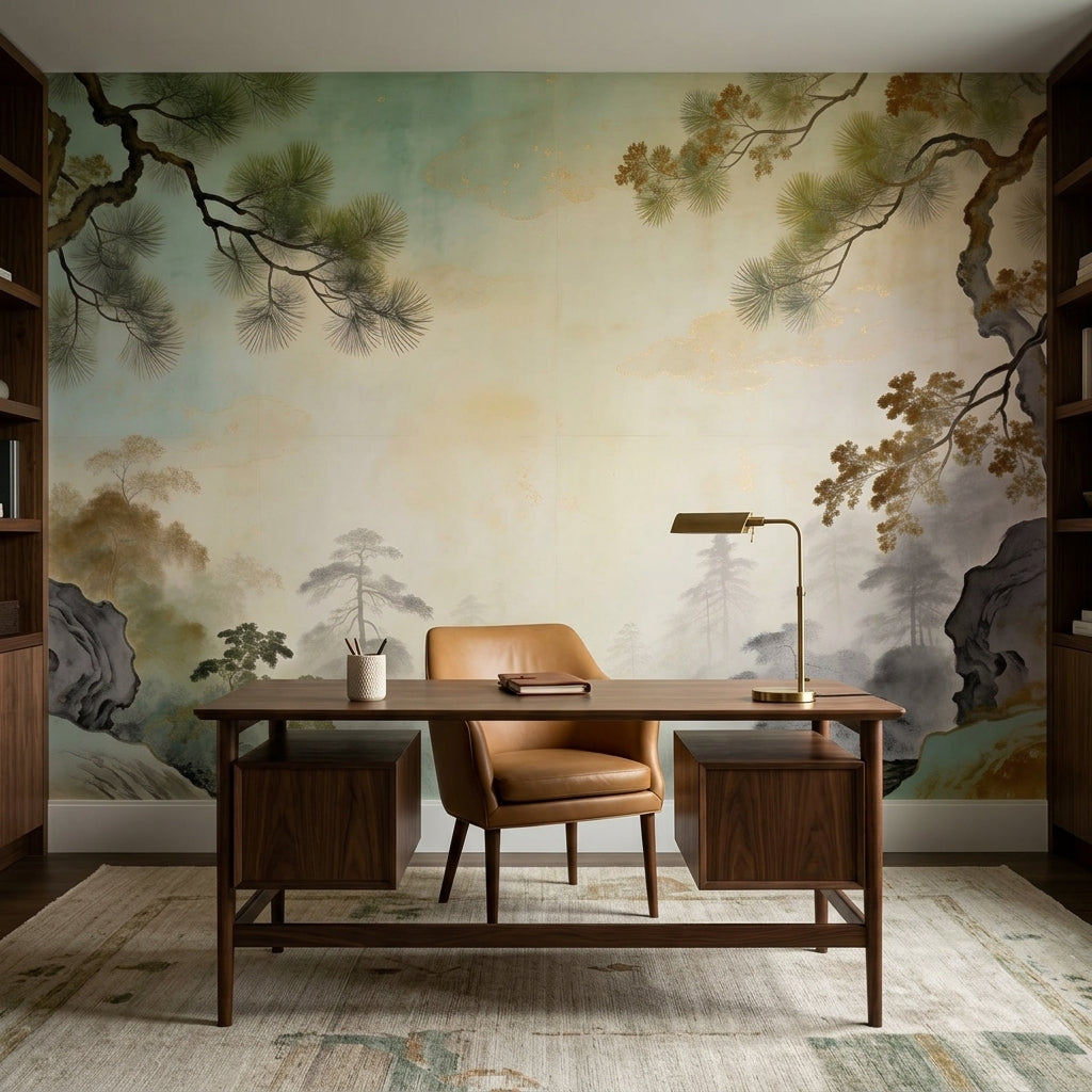 Misty Mountain Pine Tree Peel and Stick Wall Mural Zen Chinoiserie – lifestyle view, Golden Era Walls
