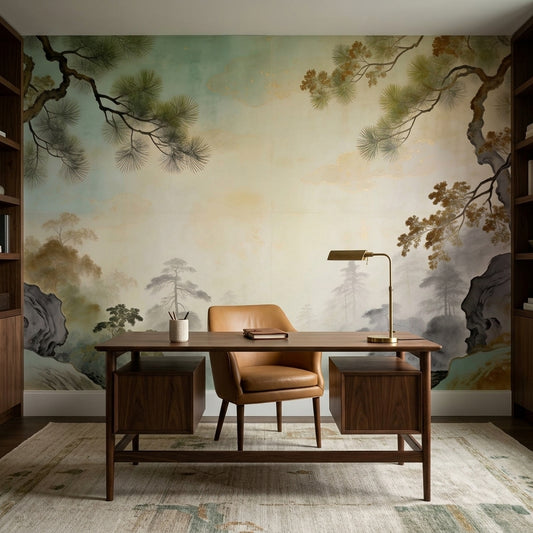 Misty Mountain Pine Tree Peel and Stick Wall Mural Zen Chinoiserie – lifestyle view, Golden Era Walls