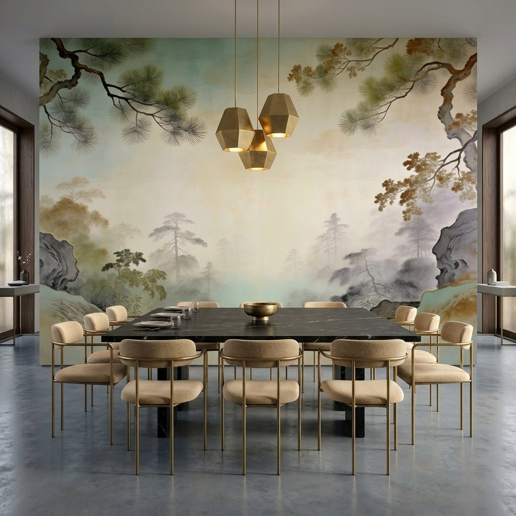 Misty Mountain Pine Tree Peel and Stick Wall Mural Zen Chinoiserie – detail view, Golden Era Walls