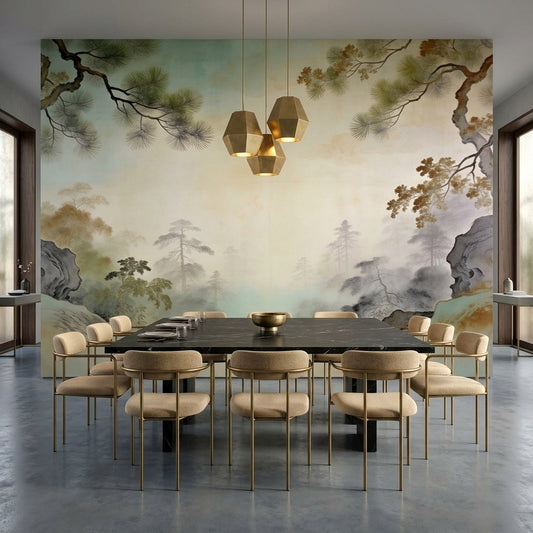 Misty Mountain Pine Tree Peel and Stick Wall Mural Zen Chinoiserie – detail view, Golden Era Walls