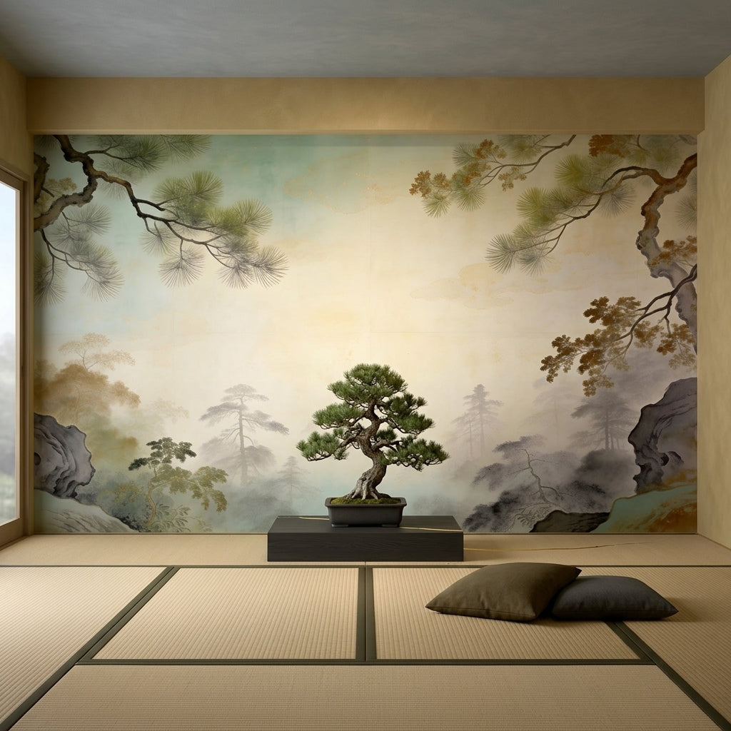 Misty Mountain Pine Tree Peel and Stick Wall Mural Zen Chinoiserie – scale reference, Golden Era Walls