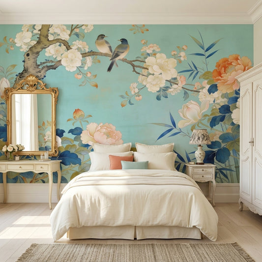 Vintage Aqua Chinoiserie Mural White Peonies and Songbirds – room setting, Golden Era Walls