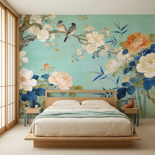 Vintage Aqua Chinoiserie Mural White Peonies and Songbirds – lifestyle view, Golden Era Walls