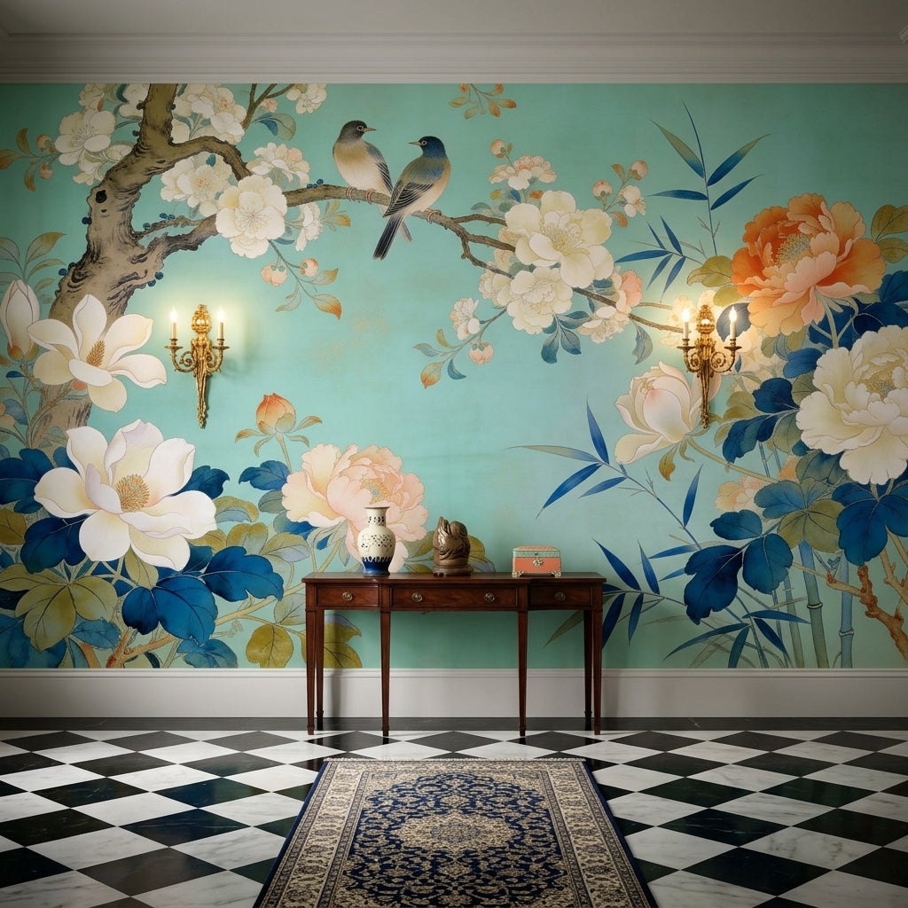 Vintage Aqua Chinoiserie Mural White Peonies and Songbirds – detail view, Golden Era Walls