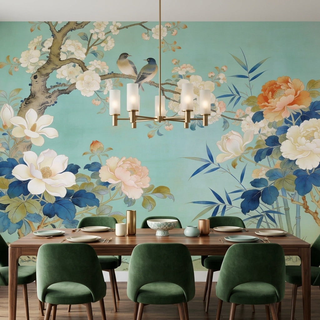 Vintage Aqua Chinoiserie Mural White Peonies and Songbirds – scale reference, Golden Era Walls