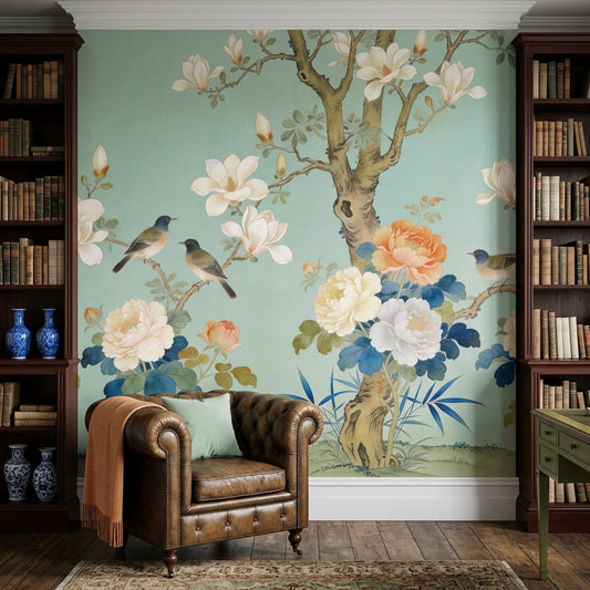 Vintage Seafoam Chinoiserie Floral Bird Wallpaper Mural – room setting, Golden Era Walls